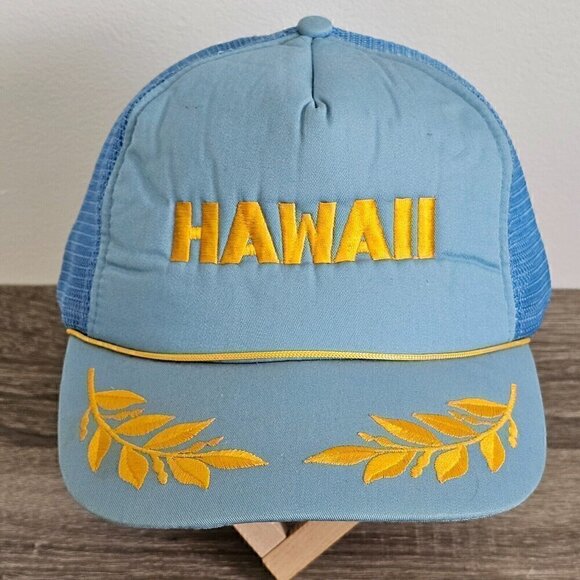 Vintage Hawaii Embroiderer  Mesh Back Blue Gold Hat Cap Adjustable Snapback Brim - Picture 1 of 14